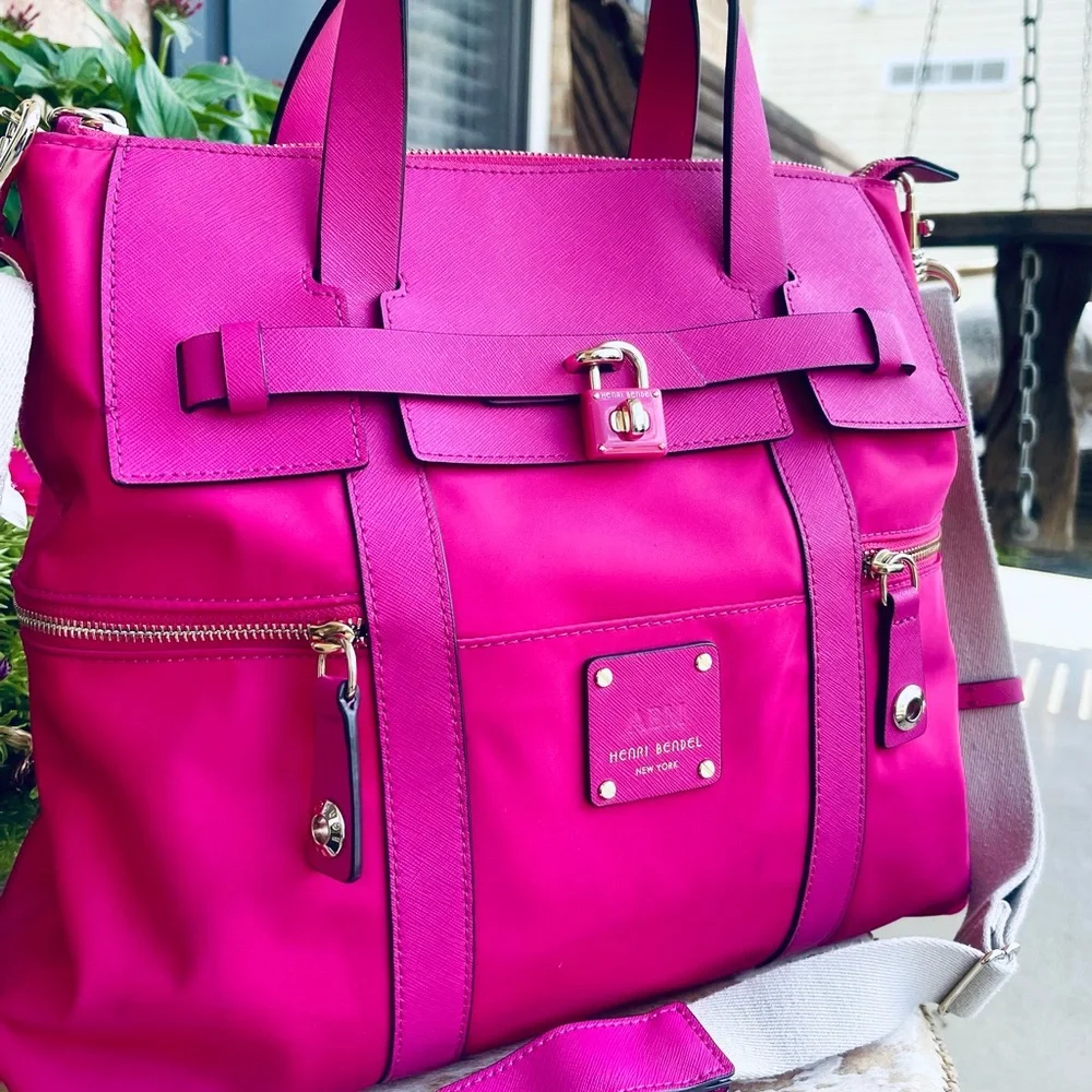 RARE Magenta Pink HENRI BENDEL Large Jetsetter Leather Convertible Backpack Bag - Picture 3 of 16